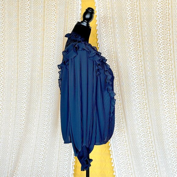 Anthropologie Sheer Pleated Ruffled Blouse Navy Blue | Corporate Goth | Size 1X - Picture 5 of 14